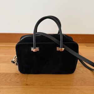 Black Suede Satchel with Top Handle and Crossbody Strap